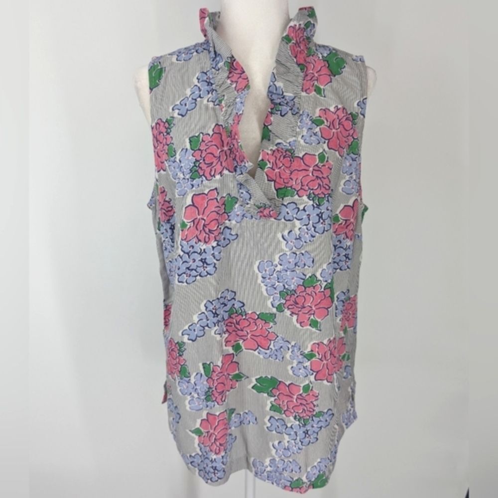 Crown & Ivy Curvy Blue Pink Floral Striped Ruffle Neck Sleeveless Blouse 1X NWT